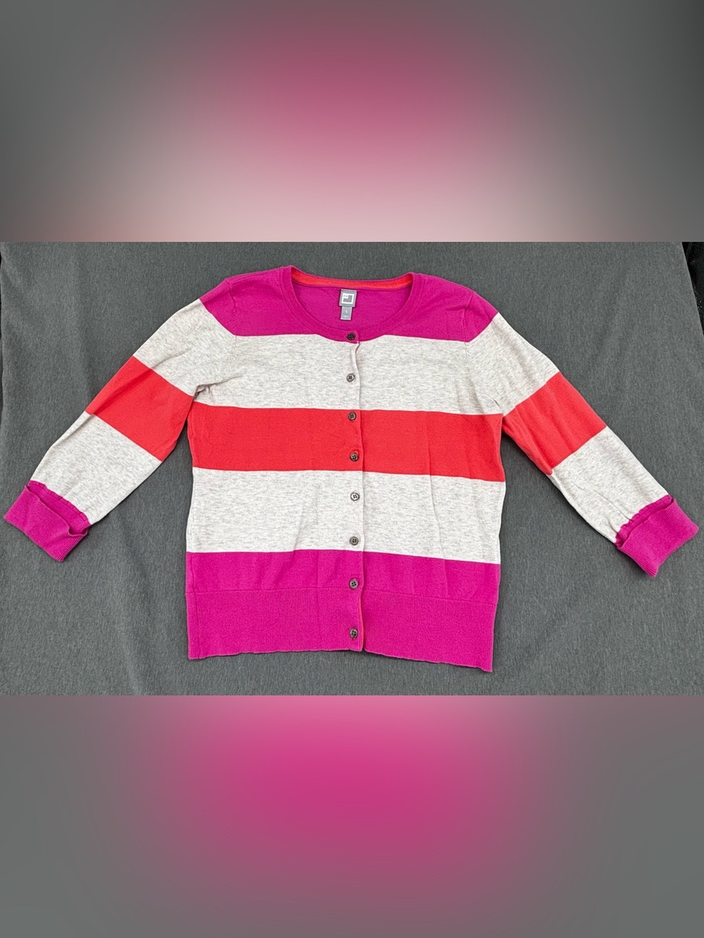 JCPenney JCP Button Front Striped Pink Coral Cardigan Sweater Women's 3/4 Sleeve